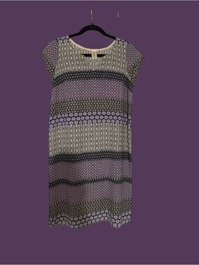 Striped Floral Shift Dress in Lavender Black&Green